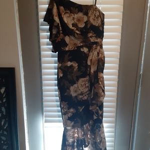 👑 | Womens Navy Floral One Shoulder  Midi Dress